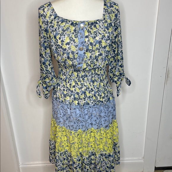 blue and yellow floral midi dress ASTR the Label Wedelia Dress in Blue